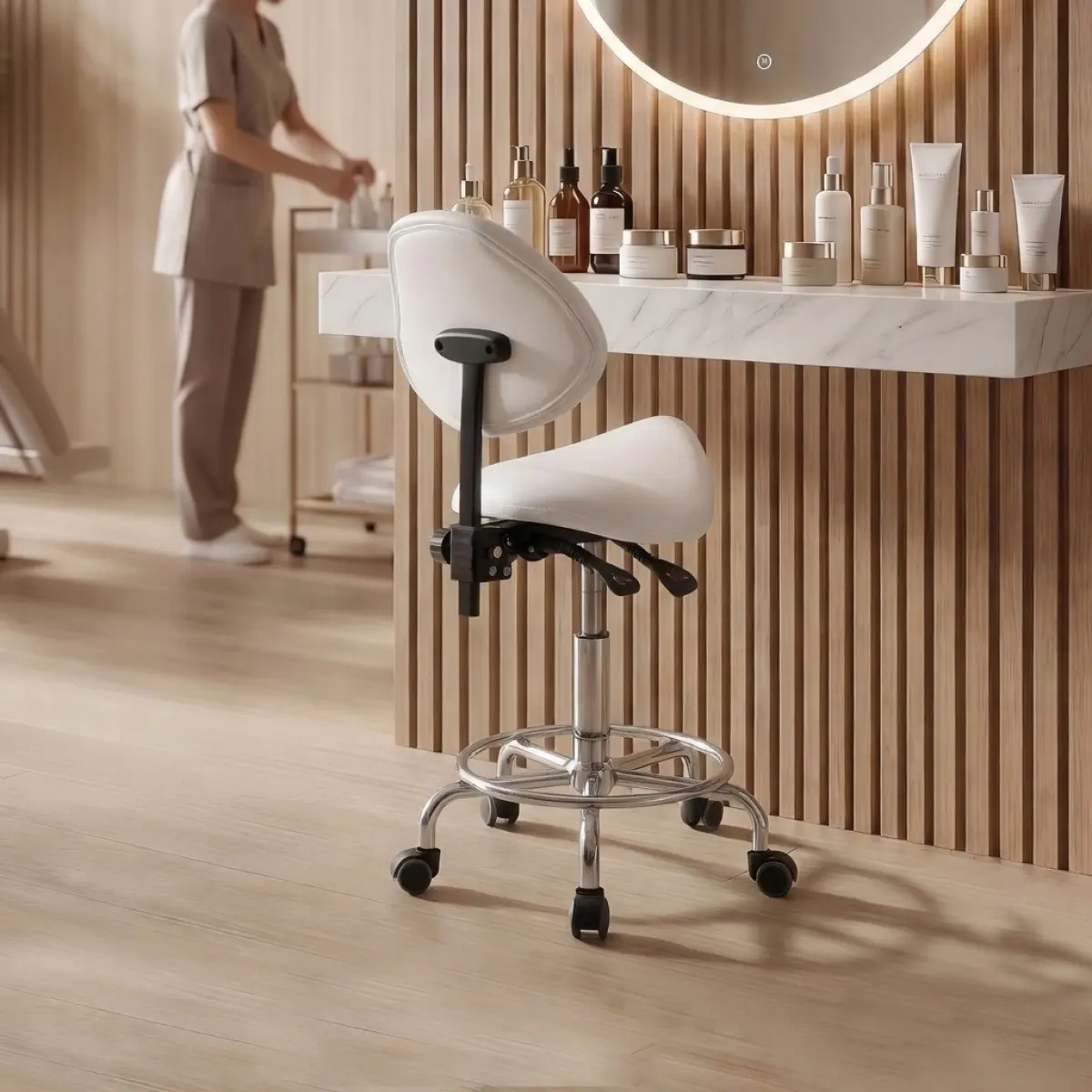 White PU Foam Ergonomic Saddle Stool Chair with Backrest, Curved Tilt Adjustable Swivel Hydraulic Rolling Stool with Wheels Footrest, 300 Lbs High Weight Capacity Space Saving Chair for Clinic Dental Medical Home Shop