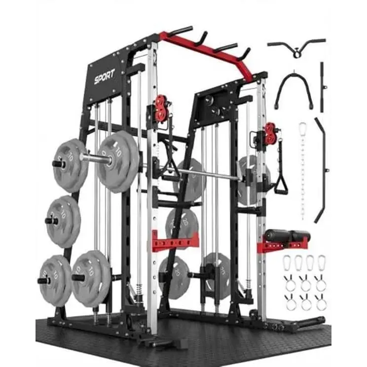 Smith Machine Home Gym, 2200LB Power Cage with Dual Pulley Cable Systems, LAT Pull-Down, Leg Hold-Down & 20+ Attachments for Full Body Workouts