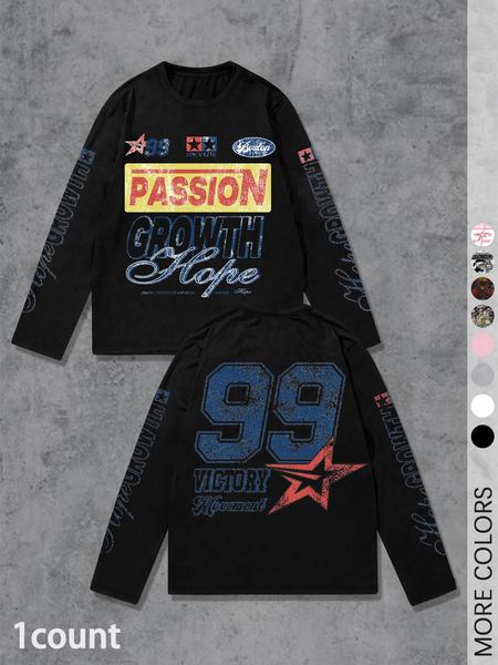 Men's Letter ＆ Number Print Long Sleeve Tee, Regular Fit Casual Street T-shirt for Daily Wear, Men's Top for All Seasons