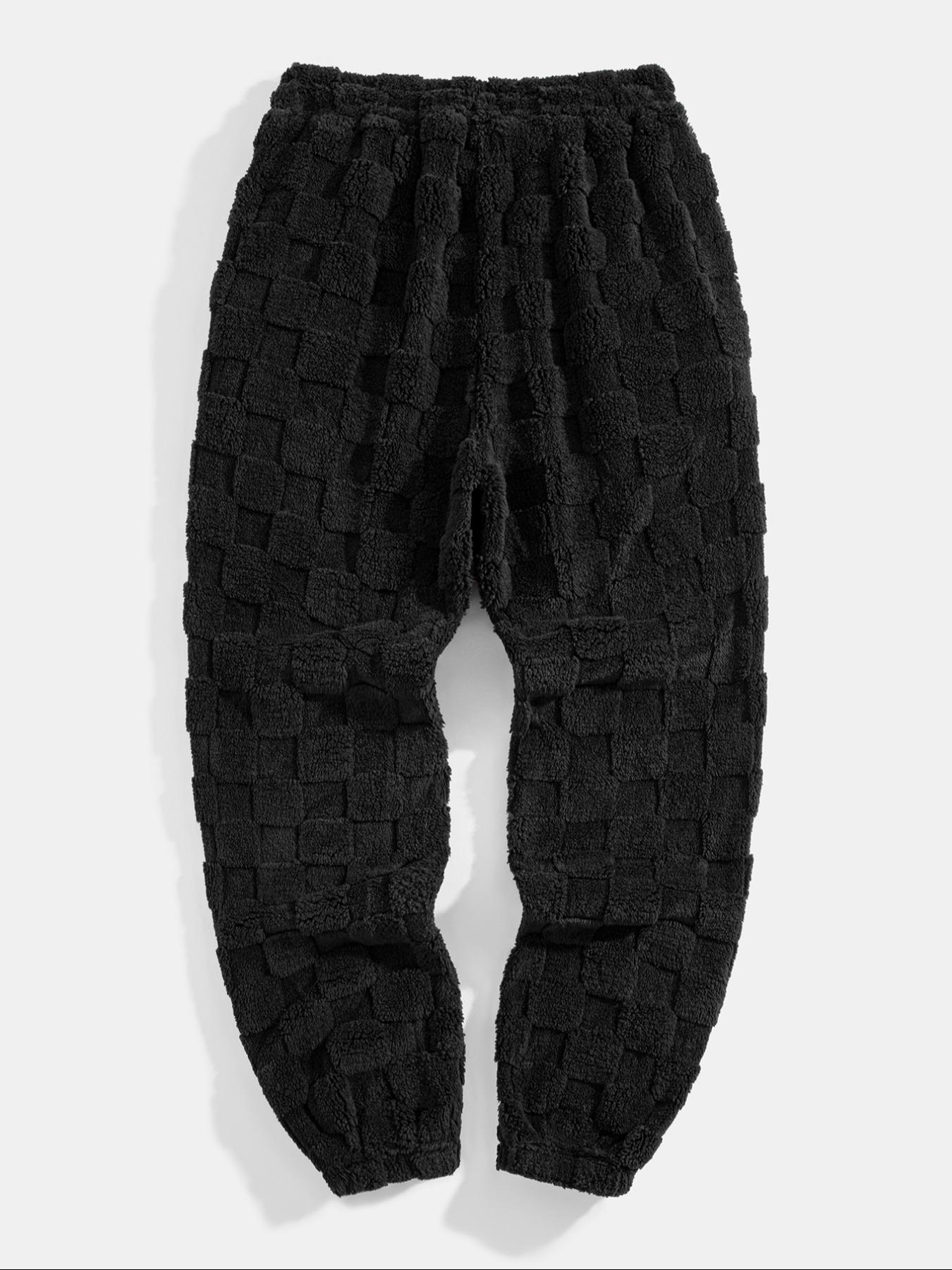 Men's Sport Pants, Two-Sided Fleece Jacquard Plaid Casual Long Pants, Pockets, Men's Warm Leisure Sports Pants, Soft Comfy Sweatpants