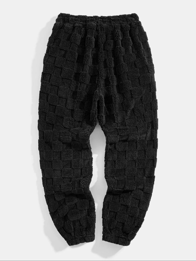 Men's Sport Pants, Two-Sided Fleece Jacquard Plaid Casual Long Pants, Pockets, Men's Warm Leisure Sports Pants, Soft Comfy Sweatpants