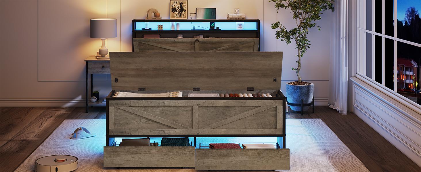 Vabches NO MATTRESS Bed Frame with Storage Ottoman and 2 Drawers, Farmhouse Metal Platform Bed with Headboard, LED Lights and Charging Station, No Box Spring Needed, Noise Free