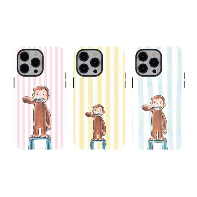 [No magnetic]  Curious George monkey Brushing Teeth Phone Case,Pastel Stripe Print Dual-Layer design durable phone Cover,for iPhone 17 16 15 14 13 12 11 8 7 for Samsung Series,Shockproof Protective hard Cover,perfect gift for her
