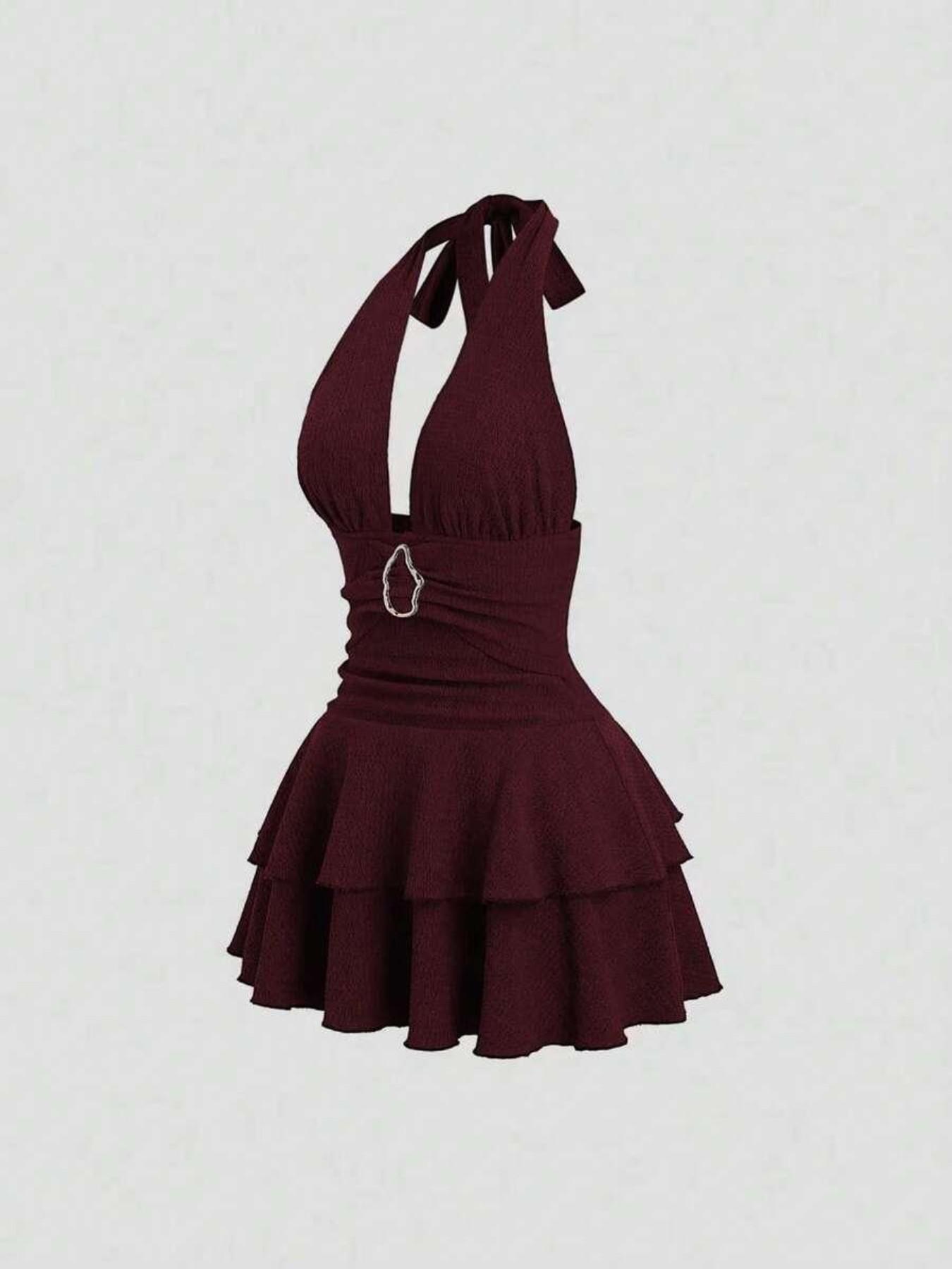 Elegant Metal Detail Tiered Hem Halter Neck Dress, Short Party Dress, Perfect for Women, Stylish Evening Wear, Ruched Trendy Choice