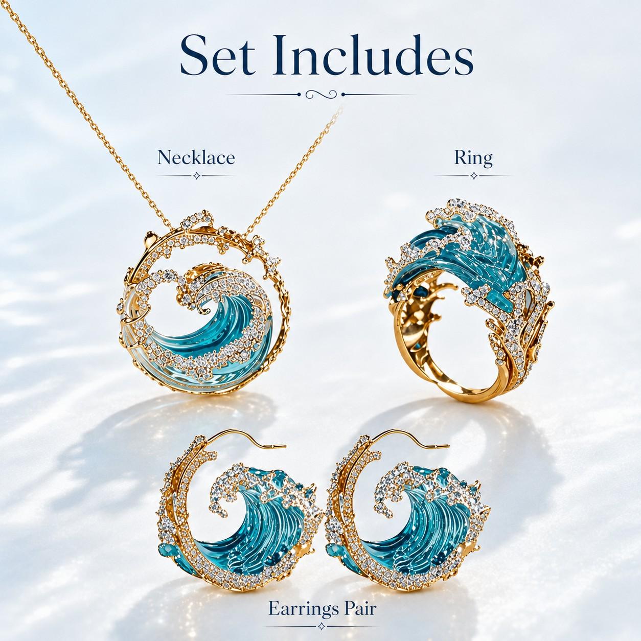Women's 3-Piece Ocean Wave Coordinated Costume Jewelry Set - Gold or Silver Tone Necklace, Ring, Earrings - Translucent Beach Themed Female Wear Gift for Fashion Enthusiasts, Coordinated Set