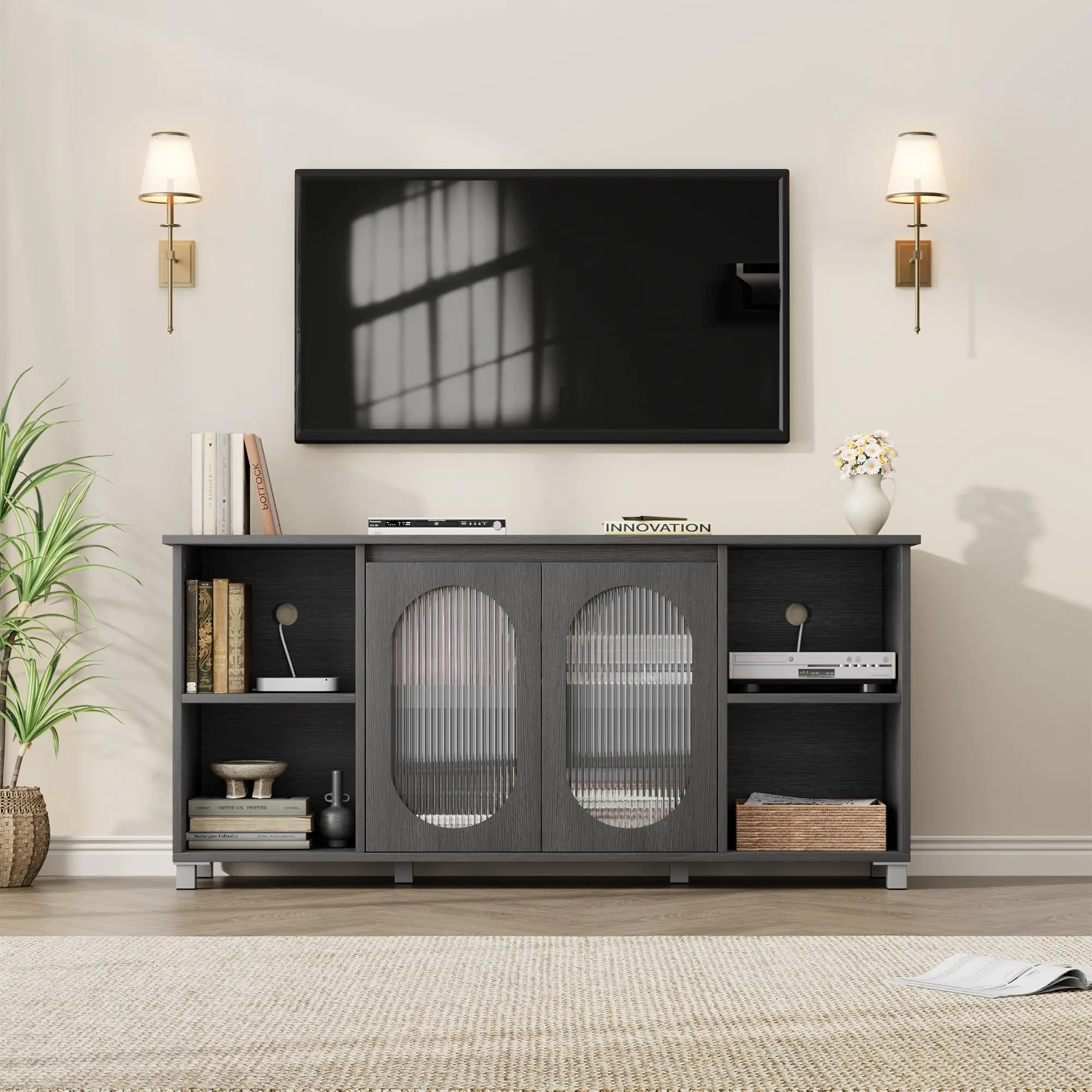 Garvee 70" TV Stand Media Console, Entertainment Center with Fluted Frosted Glass Doors, 4 Open Storage Shelves, Sturdy MDF TV Cabinet, Black