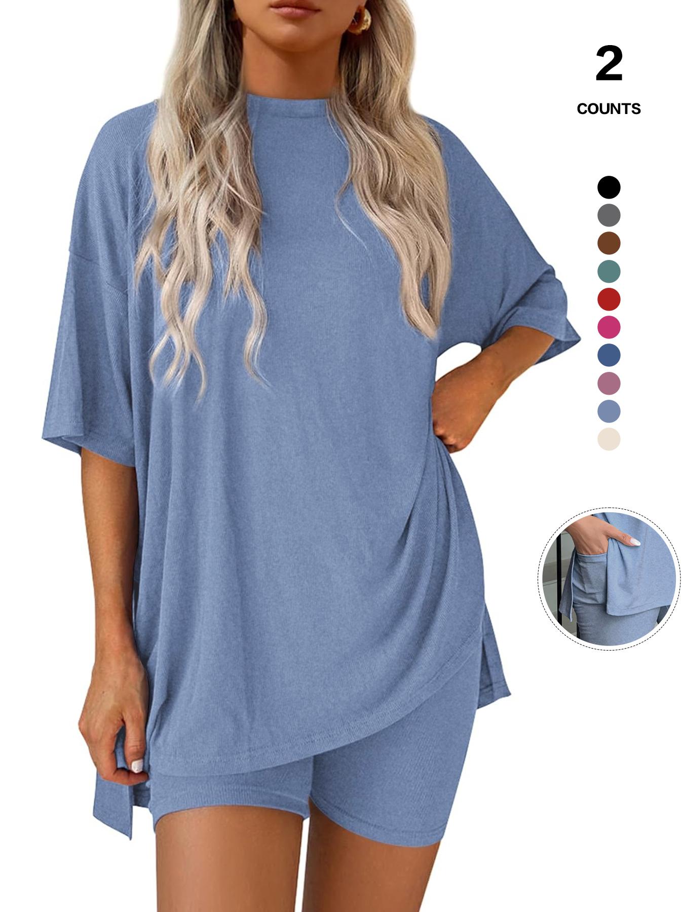 Women's Solid Color Tee & Skinny Elastic Shorts Loungewear Set, Comfortable Round Neck T-Shirt & Shorts, Perfect for Summer Sleepwear
