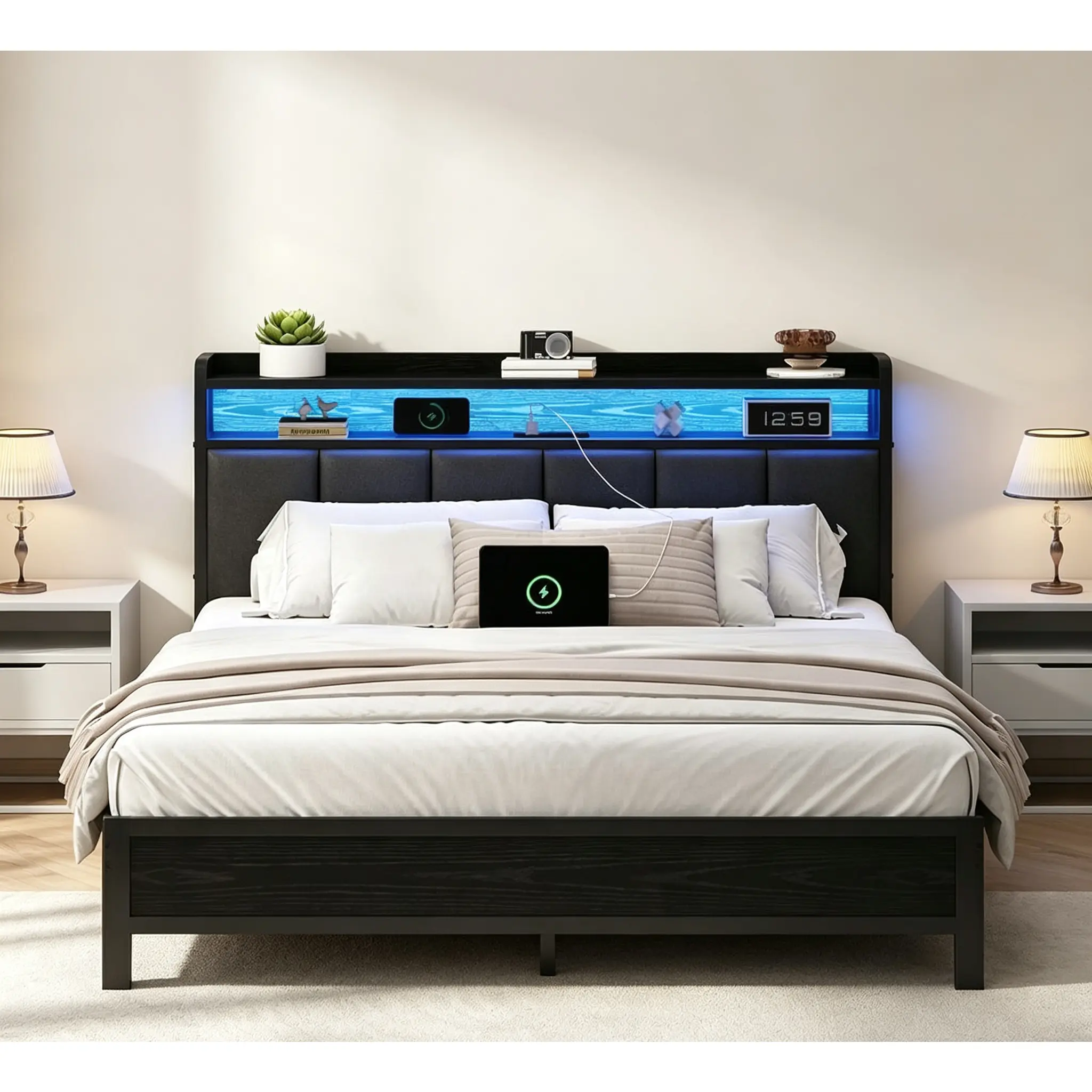Bed frames with charging soft bags, bed frames with storage headboards and LED lights, thickened metal slat metal panel bed frames.No spring mattress required and easy to install; Colors: Black / White / Beige, Sizes: Single bed / Double bed / Queen bed