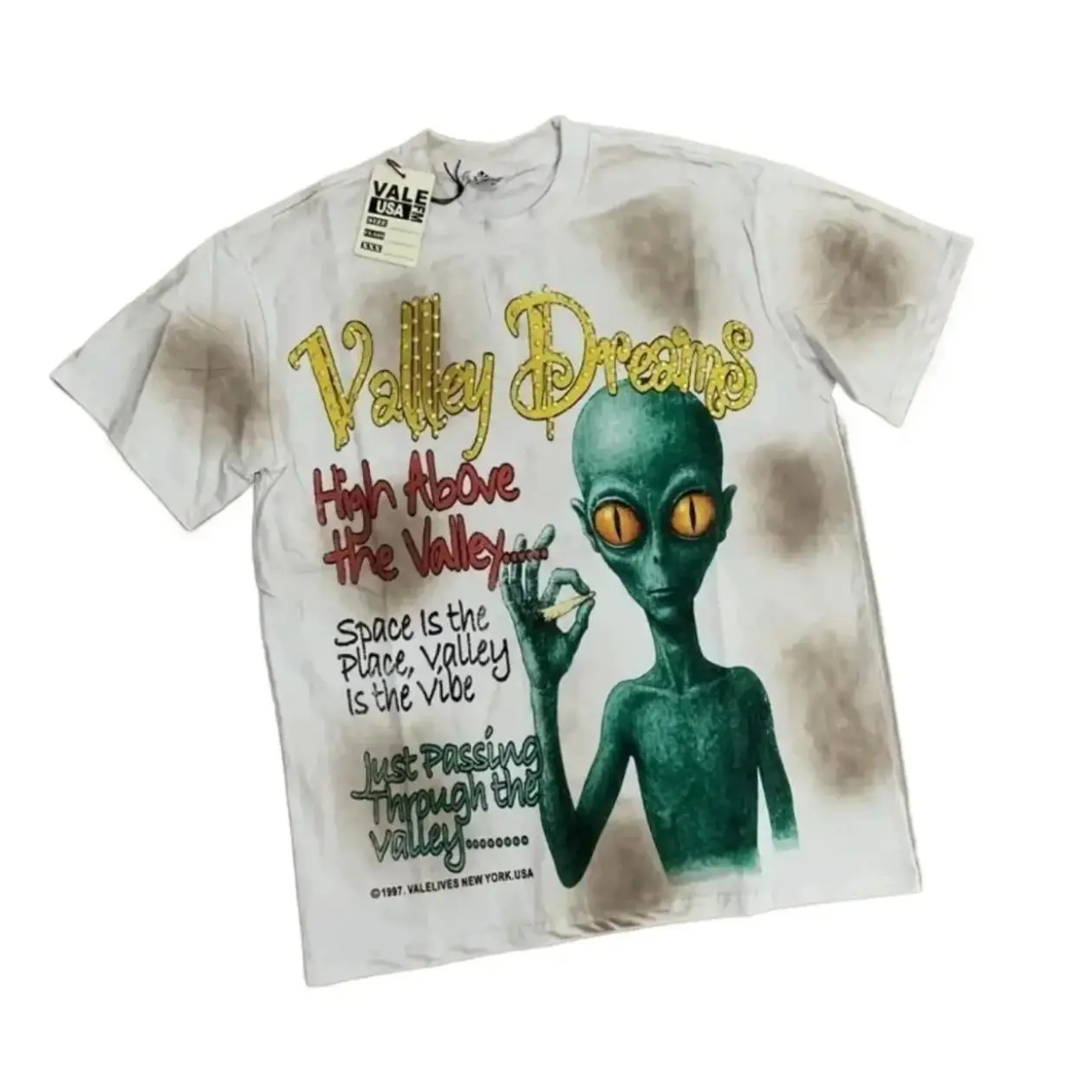 VALLEY Hot Drill Bling Letter Graphic Tee, 100% Cotton Vintage Washed T-Shirt, Oversized Y2K Hip Hop Streetwear Top, Retro Summer Casual Fashion