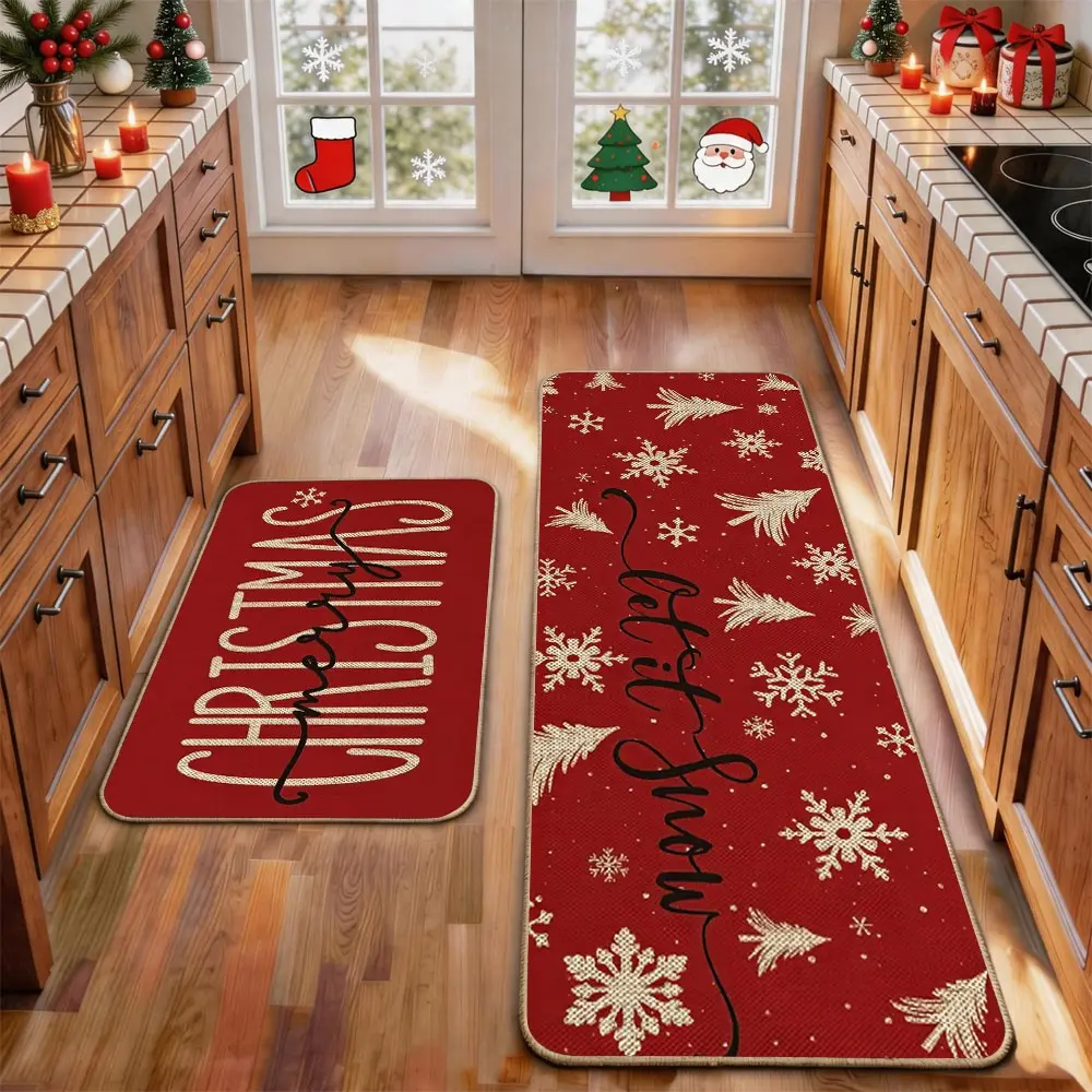 2 Pcs Christmas Kitchen Rug Mat Gnomes Gingerbread Tree Santa Clause Snowflake Red Black Floor Mat Set Farmhouse Kitchen Rug Non Slip Restaurant Floor Dining Room Laundry Room Decor Carpet Mat Winter Decor Home Decor Rug