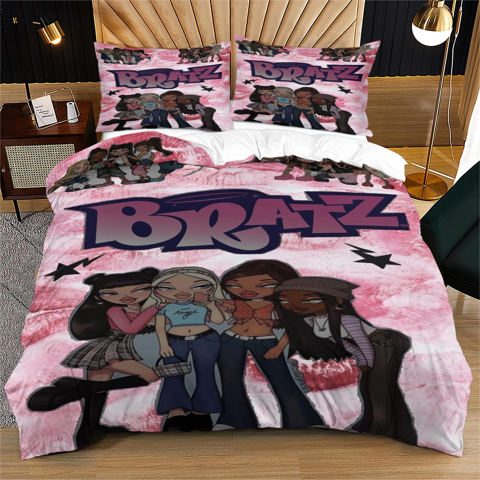 Bratz Pattern Printed Soft Durable Bedding Set, Includes 1 Fitted Sheet and 1 or 2 Pillowcases, Excluding The Core And Pillow Core, Modern Style Bedroom Decor Gift