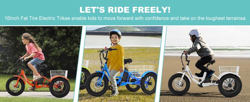 MOONCOOL Electric Tricycle for Youth, 35 Miles 16IN 3.0 Fat Tire Electric Trike, 3 Wheels Electric Bicycle Bikes, 250W Aluminum Frame Electric Tricycle Etrike with Removable Battery and Basket