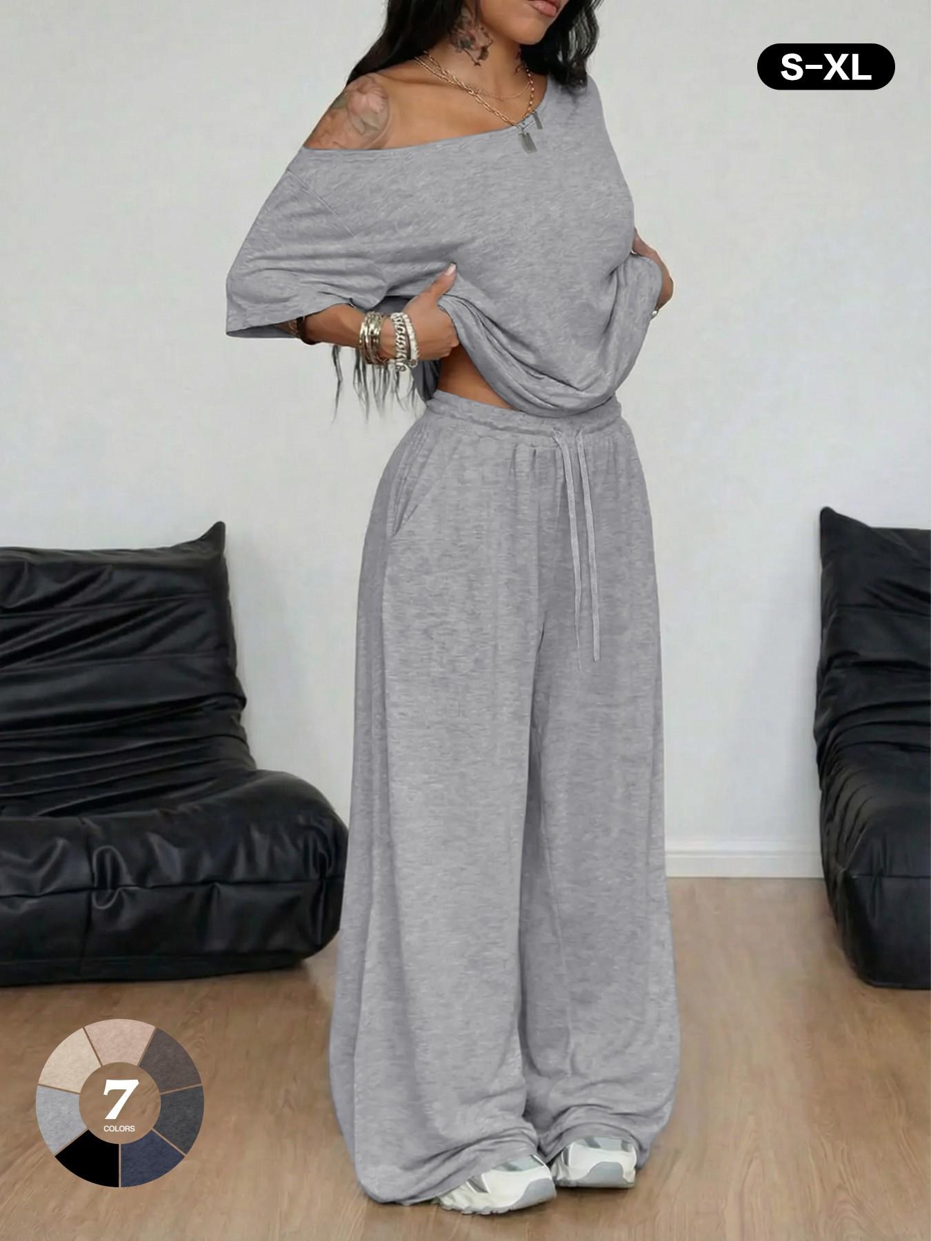 2026 French Minimal Off-The-Shoulder Loungewear Top, Summer Loose Short Sleeve, Drawstring Adjustable High Waist Wide Leg Pants, Figure-Flattering Casual, Casual Loungewear Sets