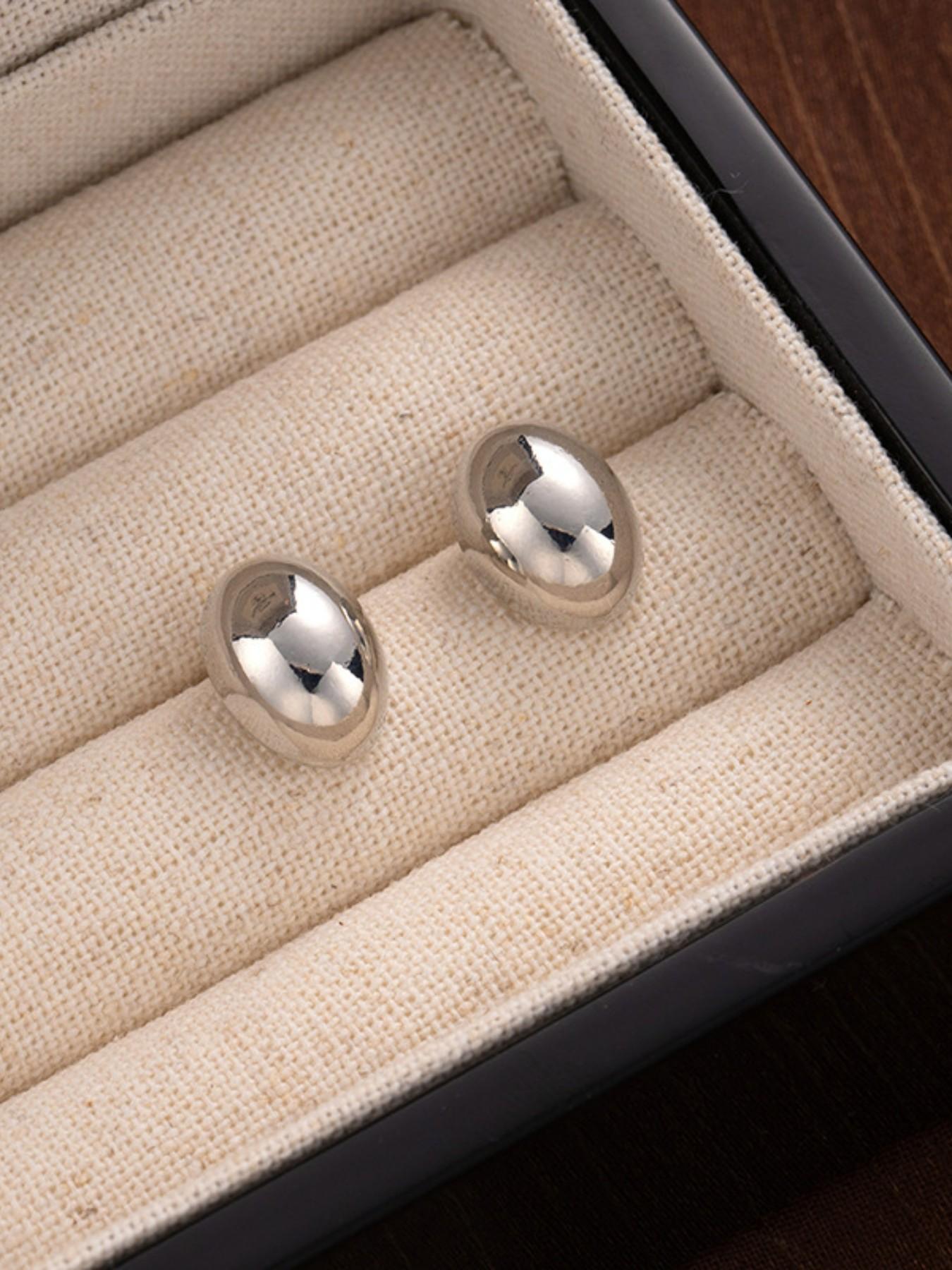 Trendy Silver Color Bean Earrings, Simple Metal Studs for Women, Minimalist Style, High-End Versatile Ear Jewelry