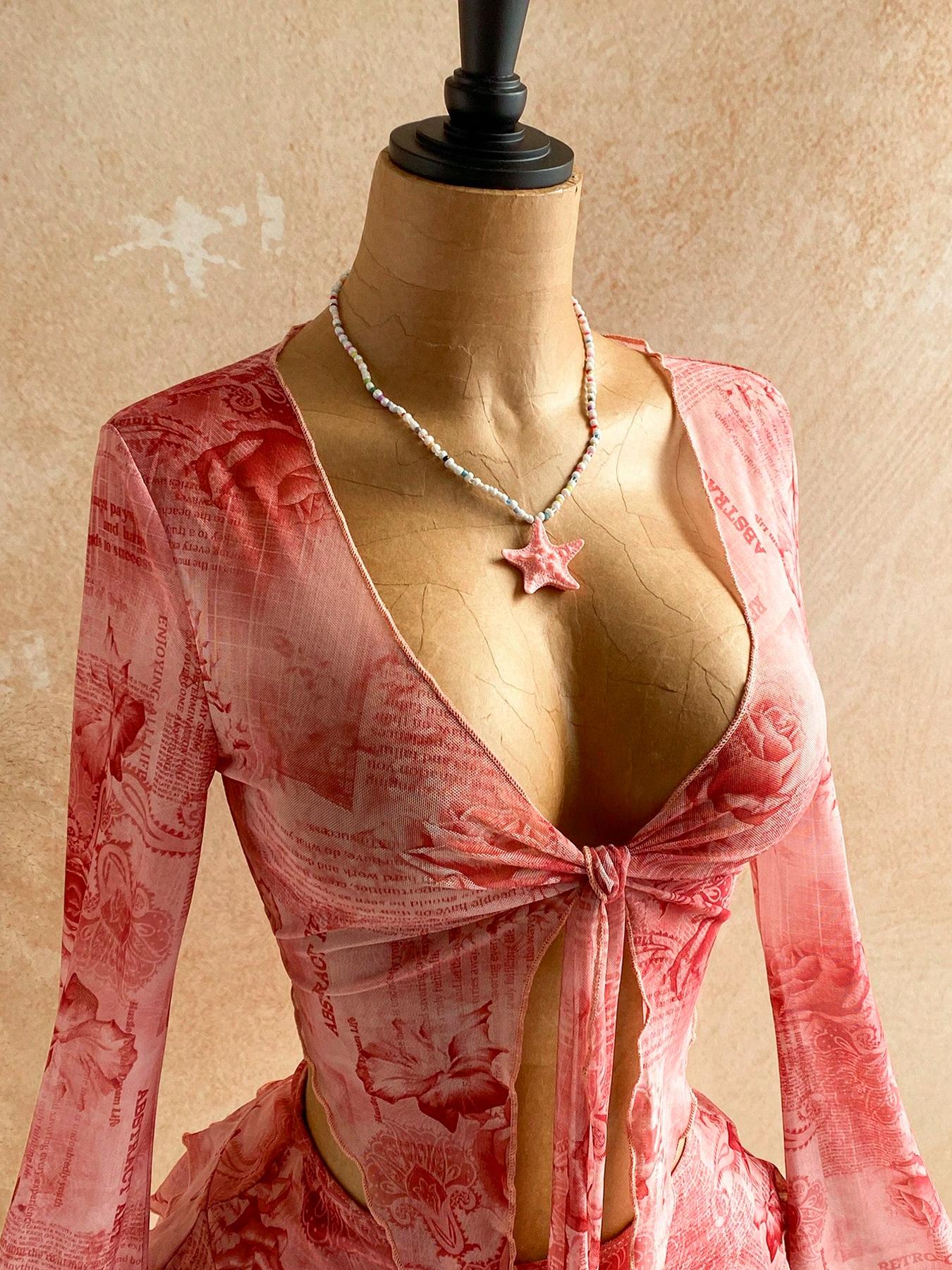 2 Piece Women's Floral Print Mesh Long Sleeve Tie Front Top and Ruffle Mini Skirt Set, Summer Beach Outfit, Fashion Clothing Set