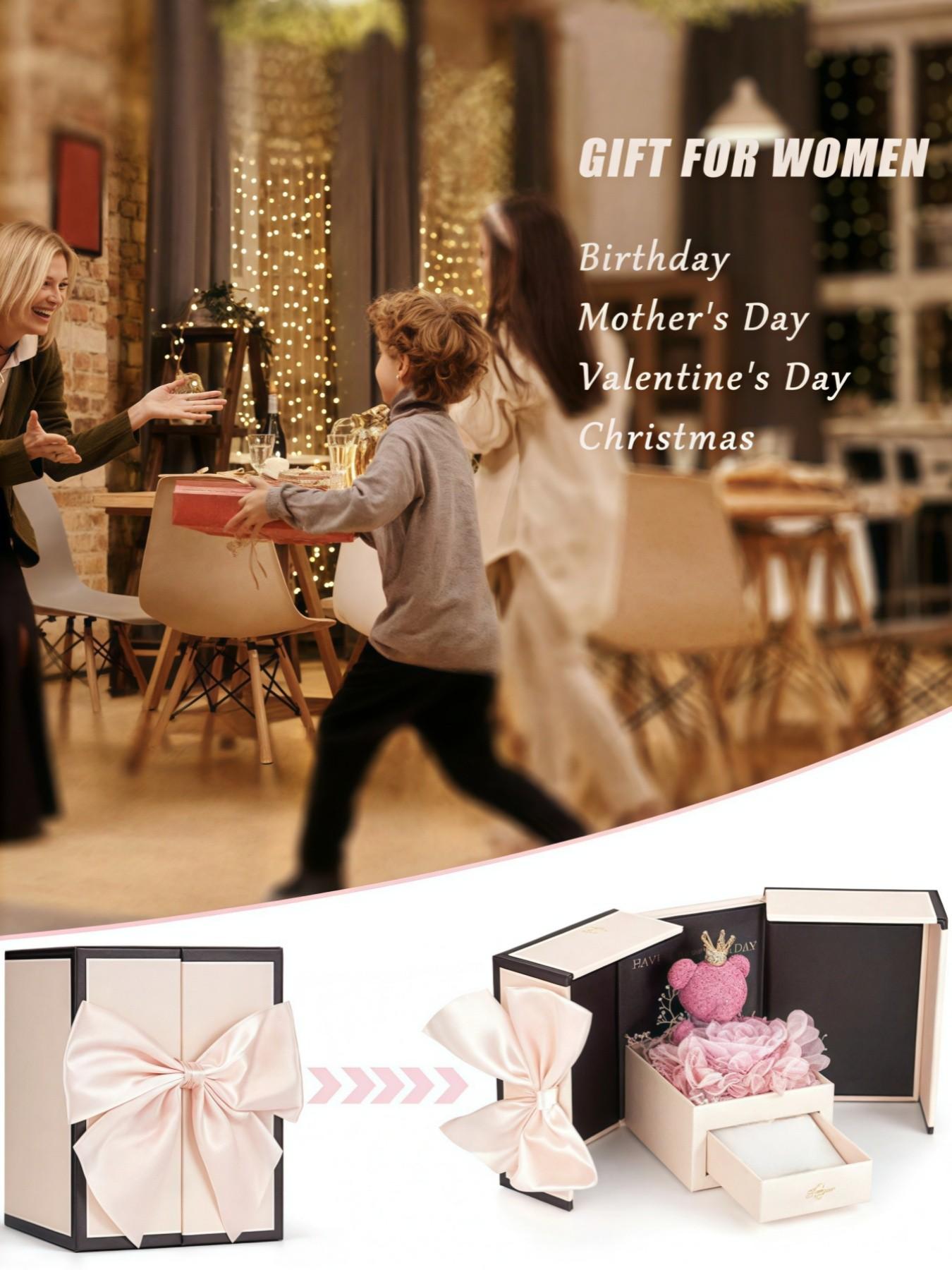 Soft Heart Rose Imprint Premium heart-shaped MOM rose necklace, niche & sparkling, skin-brightening pendant.Paired with a preserved rose & teddy bear jewelry gift box.Ideal mysterious gift for birthdays, Valentine’s Day, Mother’s Day and Christmas.