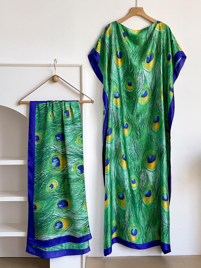 Women's Colorblock Print Long Scarf & Poncho Set, Casual Soft Comfortable Shawl for Beach Vacation, Fashion Accessories for Women & Girls