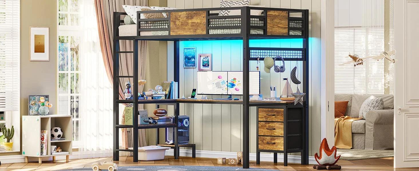 Twin Size Loft Bed Frame with L-Shaped Desk Black