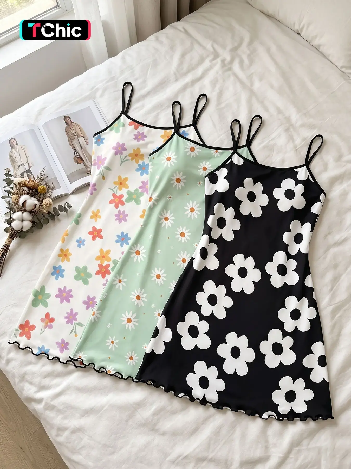 Women's 3 Pack Slip Nightgowns, Spaghetti Strap, Spring Summer Wear, Cottagecore Daisy Floral Print Ruffle Hem, Multi Color Wildflower, Pastoral Casual Sleep Dress