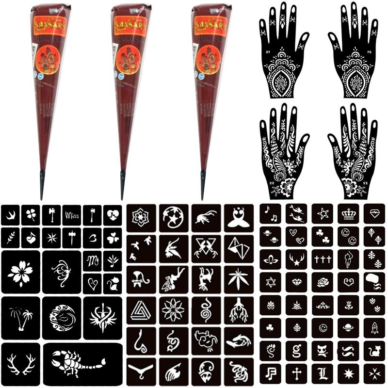 Temporary Tattoo Kits 3 Henna tattoo cones 101 Stencils Semi Permanent Tattoo Markers Jagua Gel for Women Men Kids DIY Art Painting Party Gifts