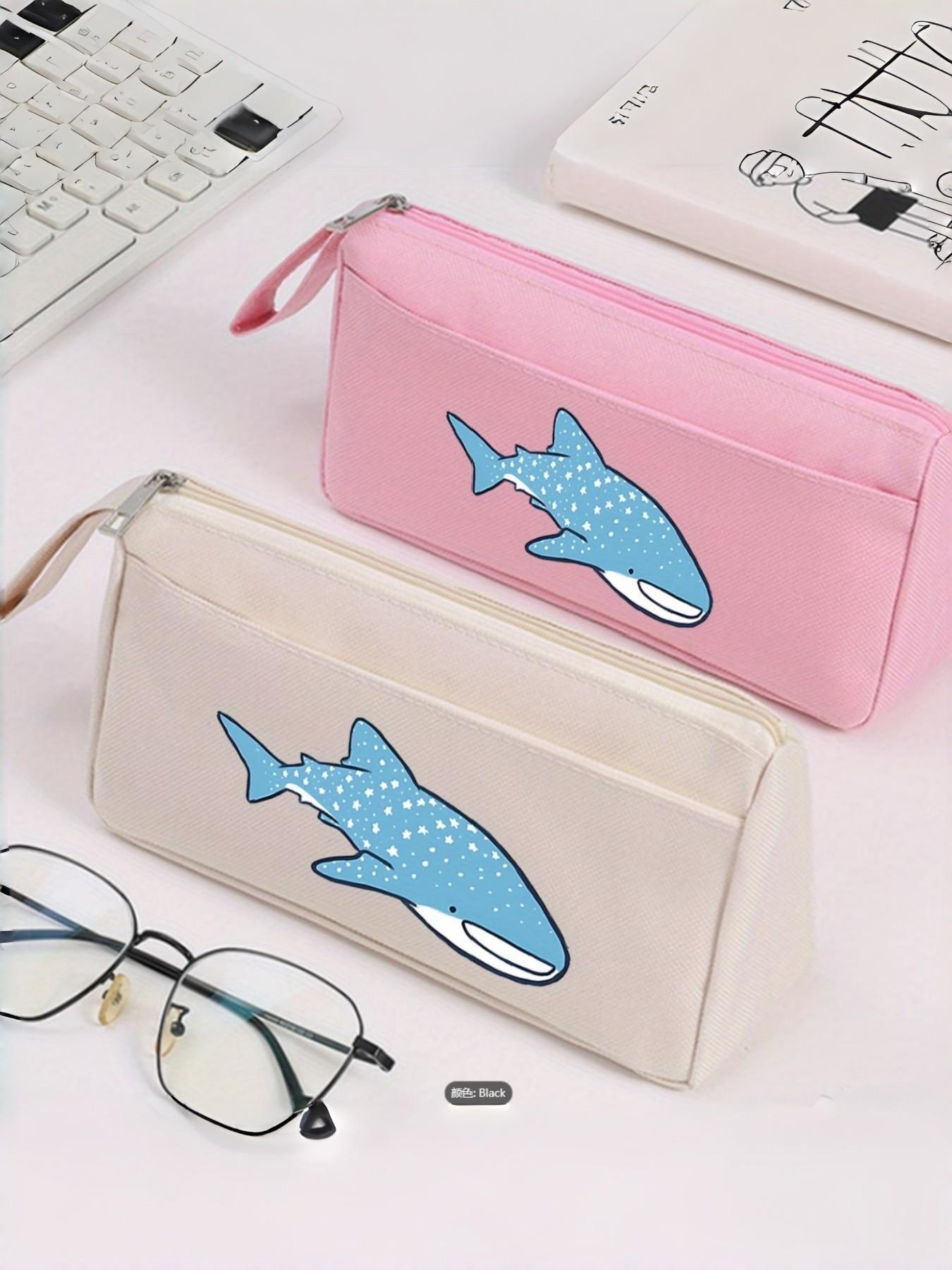 Ocean Style Whale Shark Pattern Stationery Bag, Large Capacity Pencil Case, Elegant Design, Multi-Pocket Storage, Four Colors Available