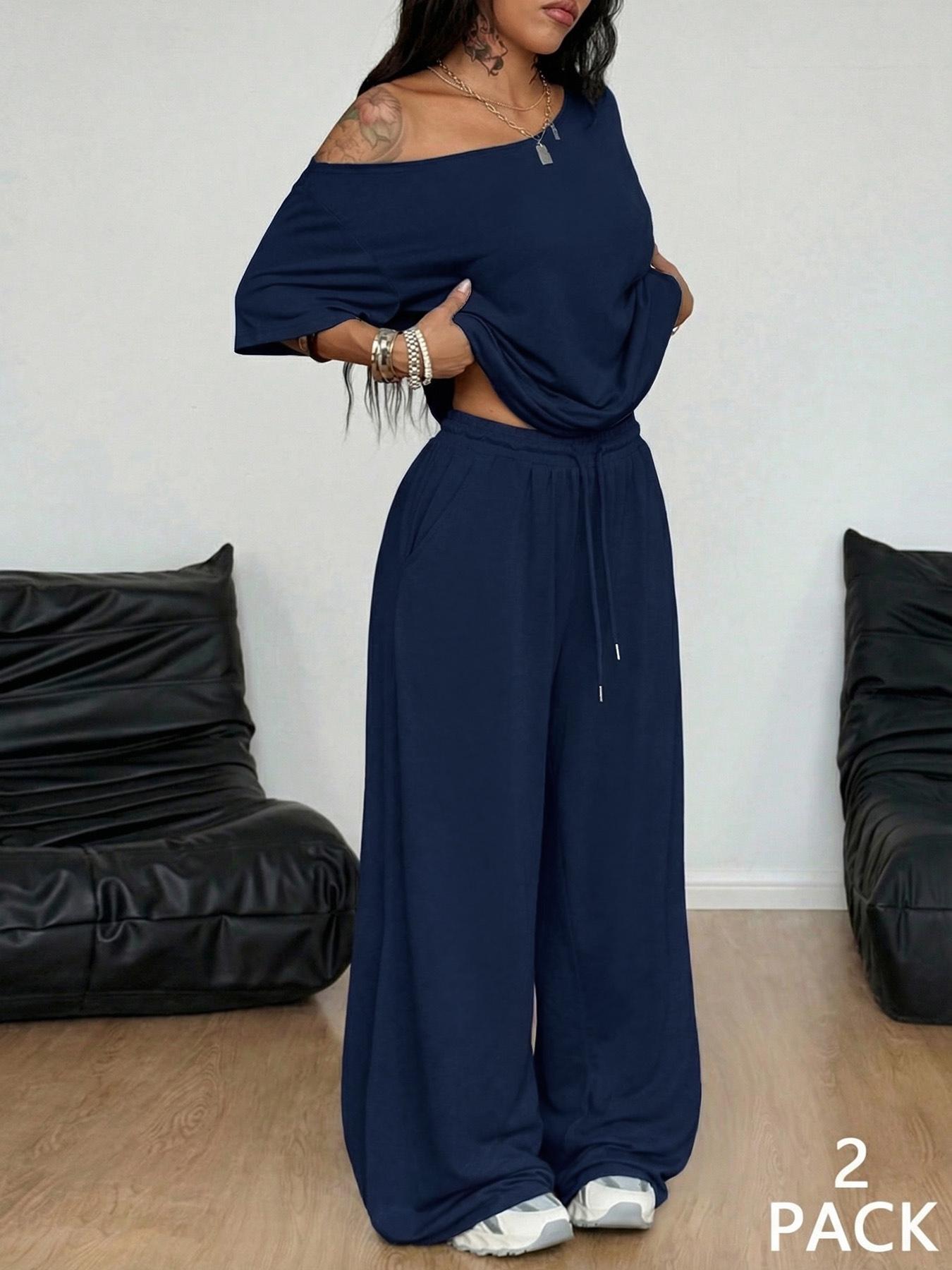 2 Pcs/Set Women's Minimalist Basic Daily Wear, Going Out, Sport Comfortable Off Shoulder T-Shirt and Wide Leg Pants Two Pieces Outfits, Womenswear 2 Pcs/Set Women's Minimalist Basic Daily Wear, Going Out, Sport Comfortable Off Shoulder T-Shirt and Wide Leg Pants Two Pieces Outfits, Womenswear