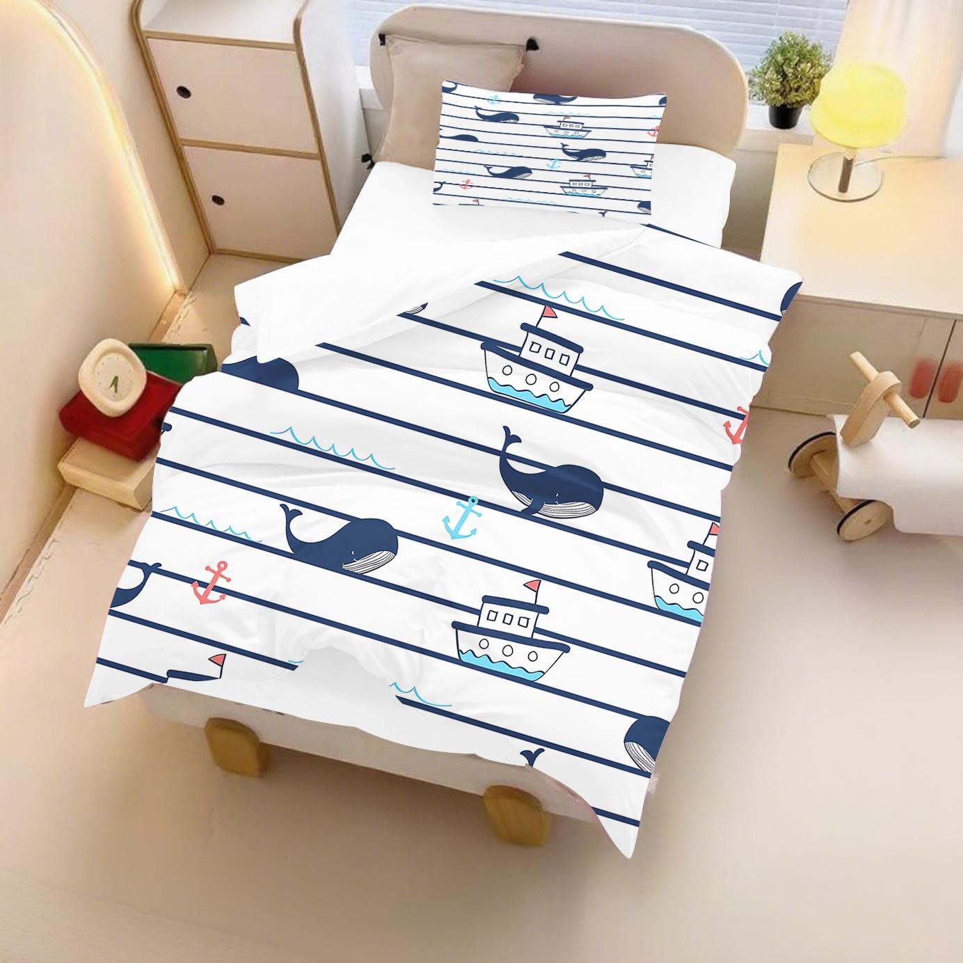 2-Piece Striped Whale Bedding Set, Racing Car Down Comforter Set, Blue and White, Bedroom Decor, Guest Room, 2D Cartoon Ocean Style, Flat Print (Includes 1 comforter cover + 1 pillowcase, no insert)