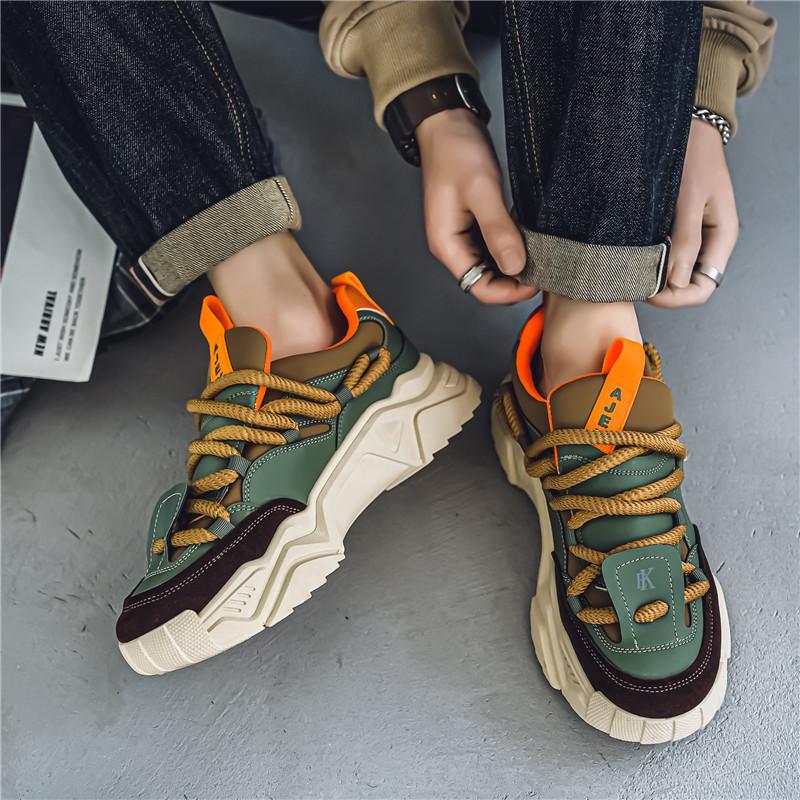 Low-top round toe lace-up casual men's shoes with color-blocking design, available in green and black. Versatile and comfortable running shoes suitable for all seasons, ideal for daily wear, sports and hiking.