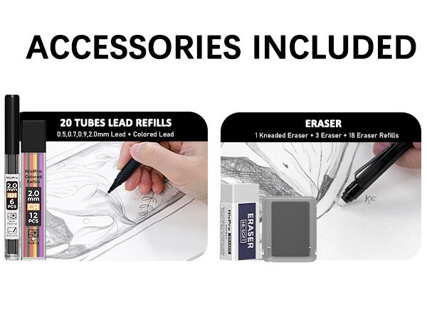 Nicpro 35Pack Black Metal Mechanical Pencils Set in Case, Art Drafting Pencil 0.5, 0.7, 0.9 mm & 3Pack 2mm Graphite Lead Holder for Drawing Sketching With 20 Tube Lead Refills(6B 4B 2B HB 2H 4H Colors)