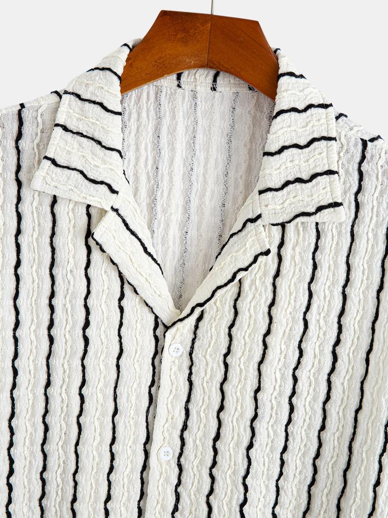 Men's Spring Summer Casual Vacation Cuban Collar Short Sleeve Shirt, Knitted Jacquard Striped Leisure Top, Comfortable Breathable Fabric