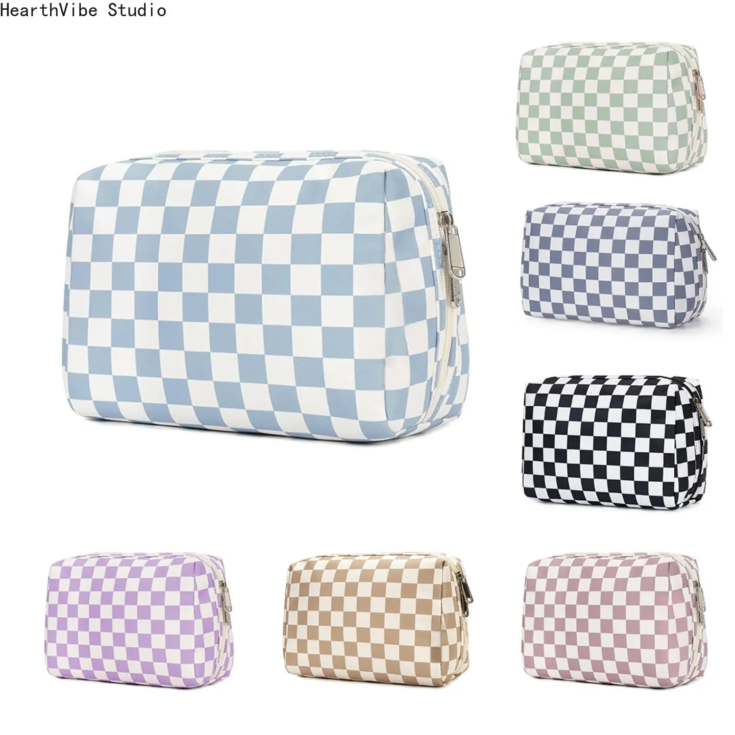 Checkerboard Makeup Bag for Women, Retro Plaid Toiletry Pouch Aesthetic Cosmetic Organizer, Large Capacity Travel Zipper Storage Clutch Case for Preppy Girl Gift
