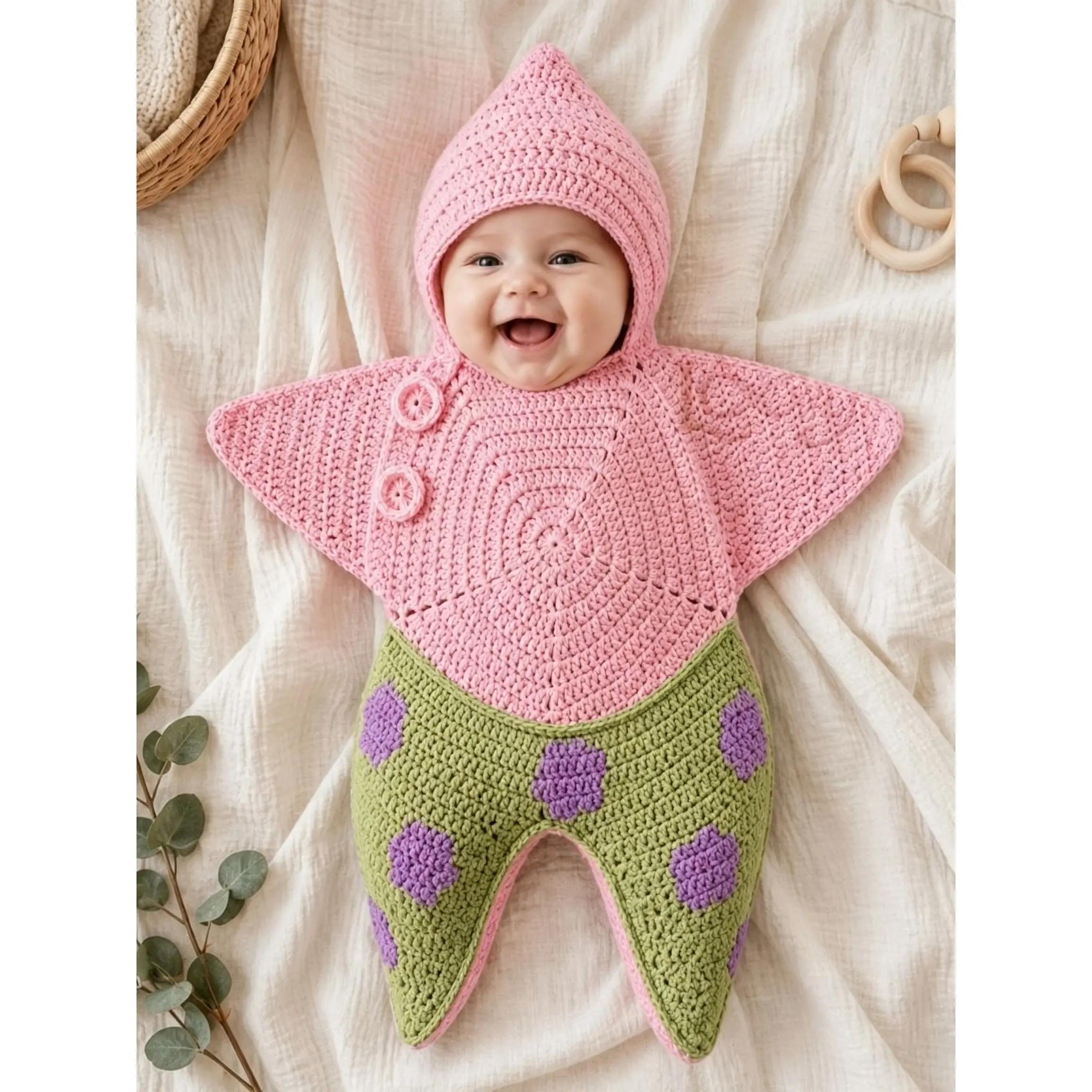Cute Pink and Green Star Baby Crochet Outfit, Handmade Knit Swaddle Wrap Costume Set for Newborn and Infant, Cozy One Size Baby Shower Gift for Nursery