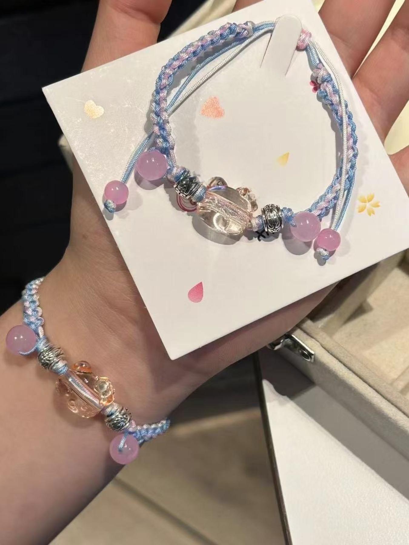 Hellokitty Handmade Blue Wristband Bracelet, Cute Student Bff Gift, Unique Cat Accessory, Perfect for Friends