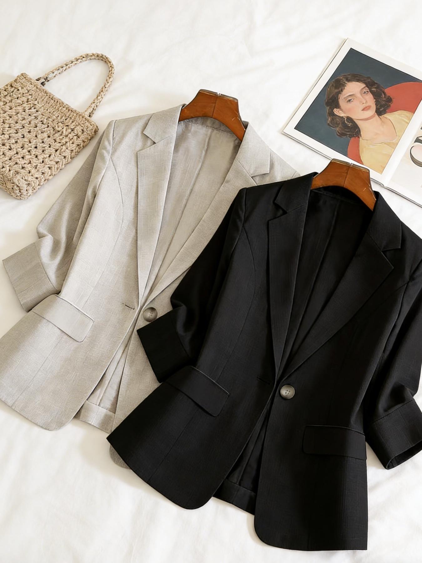 Women's two-piece plain color single-breasted double-pocket half-sleeve five-point suit jacket, suitable for spring and summer suitable for commuting outfit.