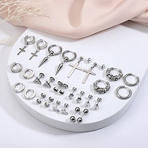 14 Pairs Earrings for Men Black Stud Earrings Stainless Steel Hoop Earrings, Silver Gothic Punk Cross Dangle Earrings Set Jewelry Piercings For Cool Men Women