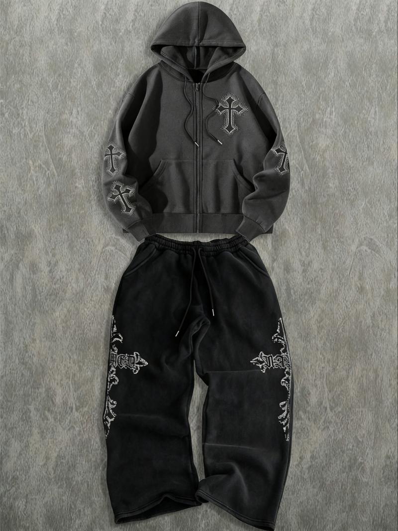 Cross Embellished Zip - Up Hoodie and Track Pants Set, Edgy Streetwear, TikTok - Trending Fashion, Streetwear Tracksuit Set