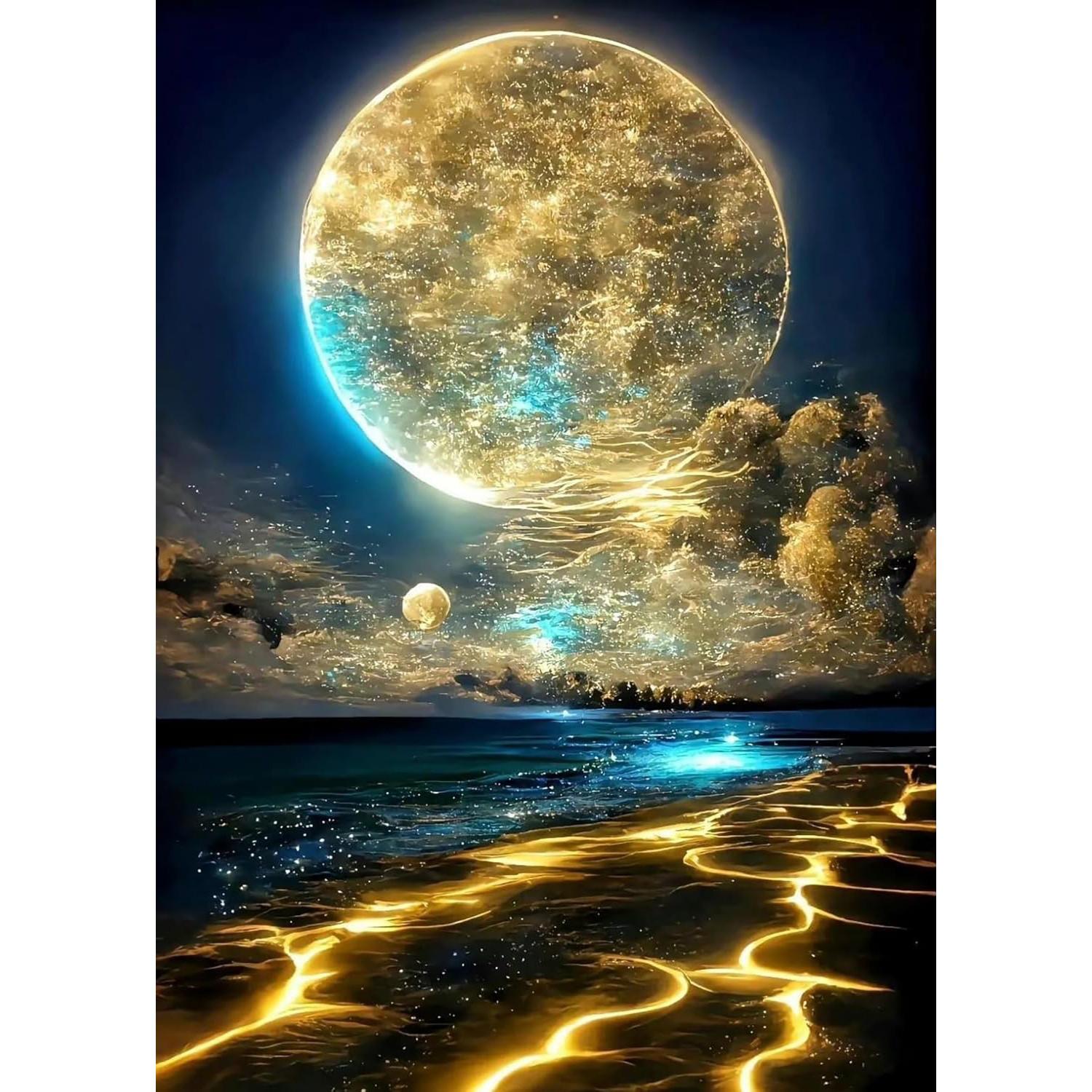 Adult 5D Diamond Painting Kit, Beginner-Friendly Moon Beach DIY Full Round Drill Moonlight Landscape, Home Wall Decor, 12x16 Inches, No Frame Included