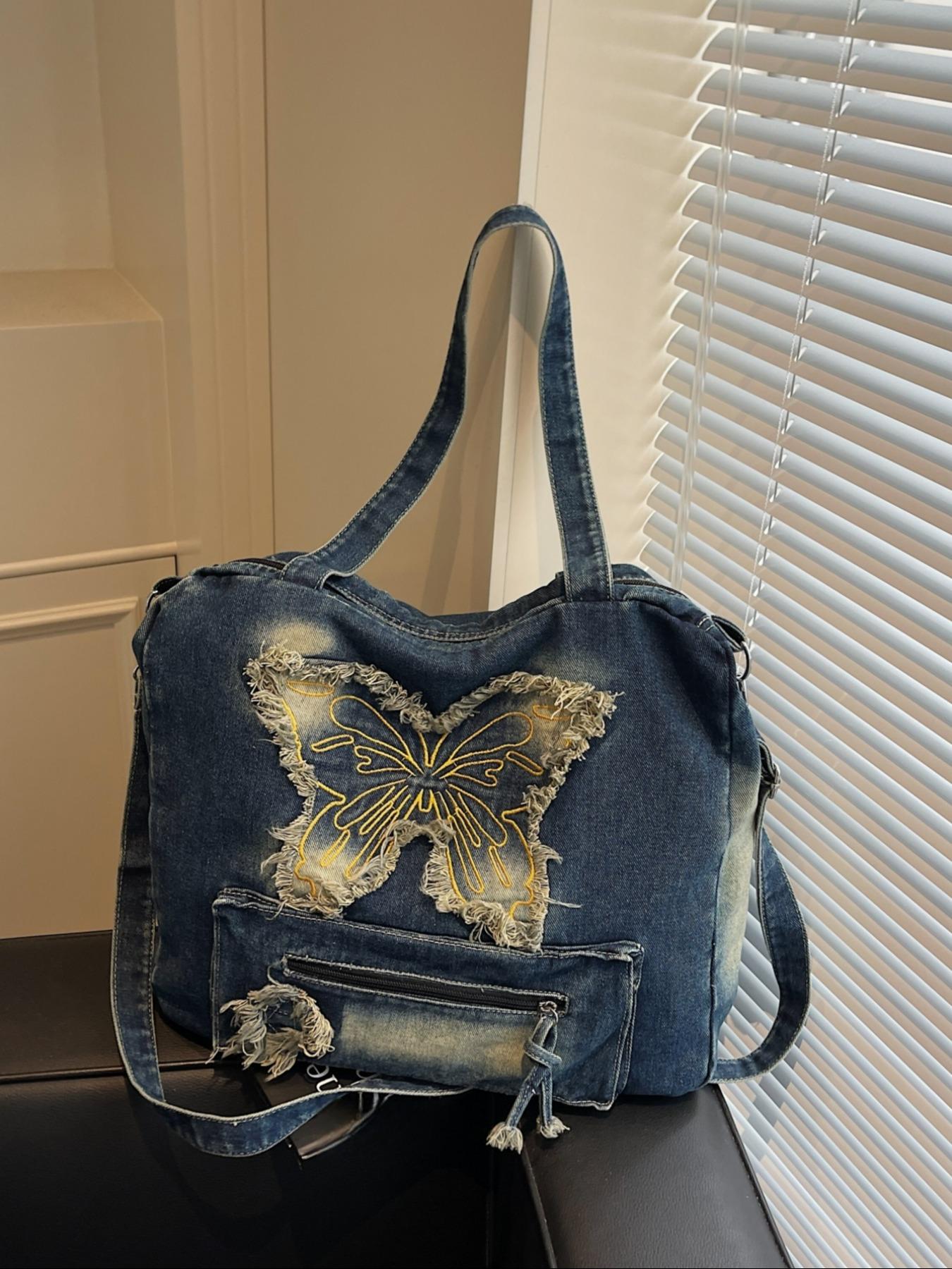 Women's Butterfly Embroidery Denim Tote Bag, Fashionable Large Capacity Shoulder Bag for Daily Used, Casual Trendy Versatile High-quality Daily Commuting Bag