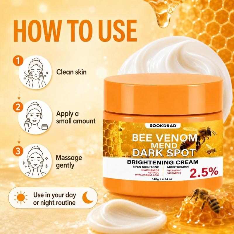 Bee Venom Dark Spot Brightening Cream, niacinamide, retinol, hyaluronic acid, vitamin C, vitamin E, 2.5% active ingredients, even skin tone, moisturizing, Bright Glowing Skin, for face, all skin types, men women,