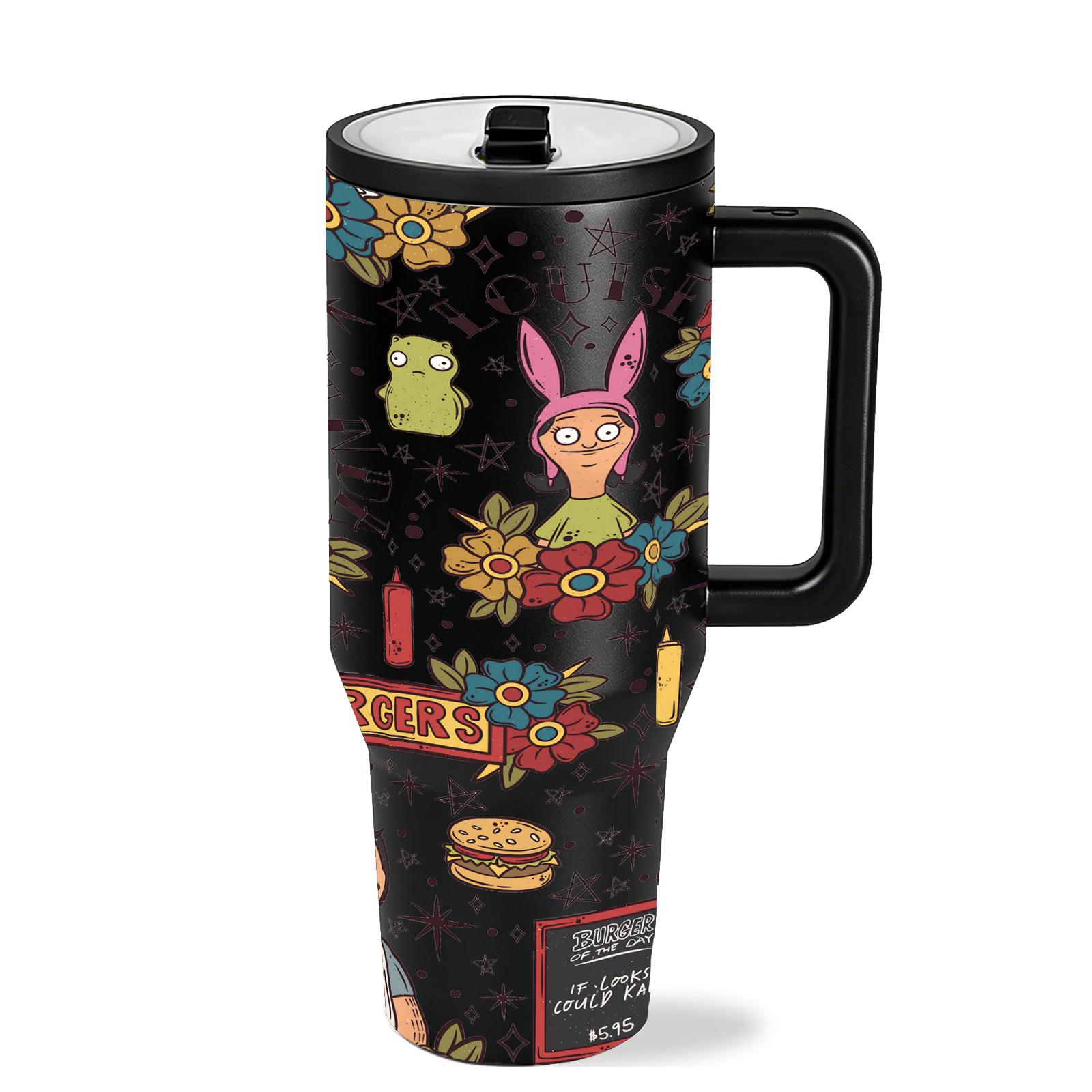 1 PC 40oz Leakproof Insulated Tumbler With Handle And Lid, Double Wall Stainless Steel Travel Mug, Leak Proof, Keeps Drinks Hot 12H Cold 24H, Cartoon Burger Family Print Cup, Large Capacity Thermal Mug, Flasks For Iced Coffee, Water, Gifts For Women Men