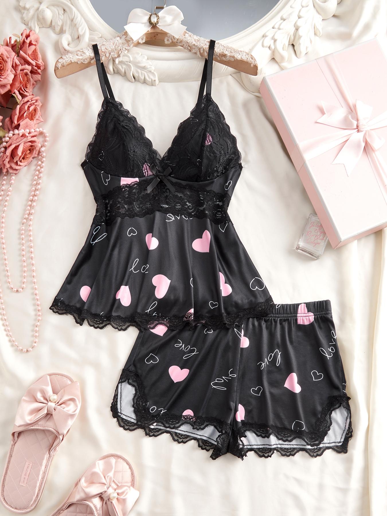 Women's Solid Color Lace Trim Cami Top & Shorts Pyjama Two-piece Set, Casual Comfy Camisole & Shorts Lingerie Set, Women's Sleepwear for All Seasons