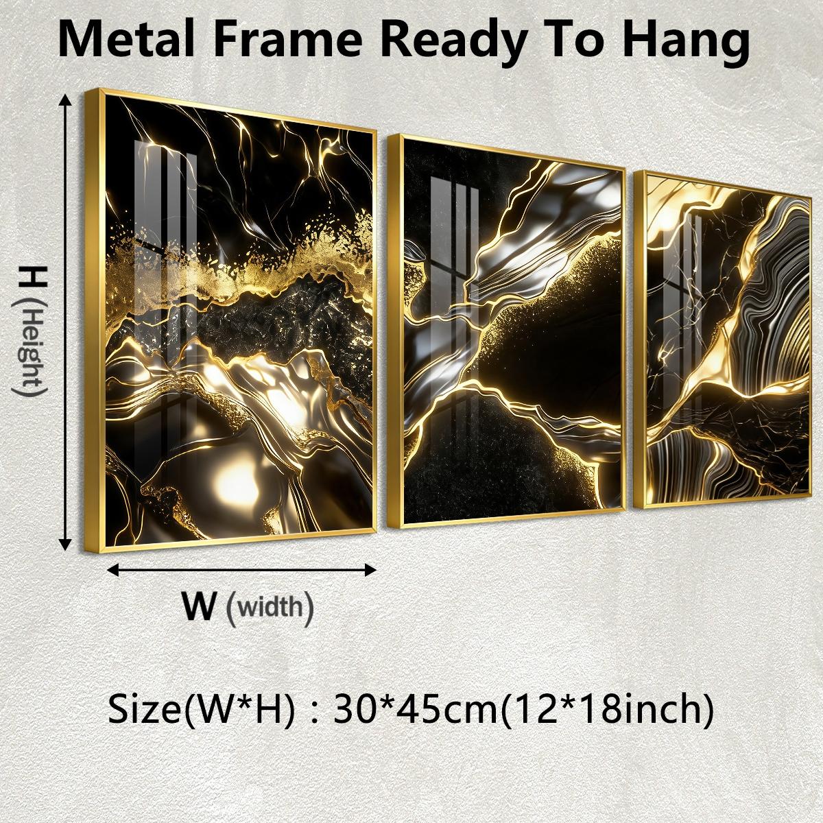 3 Counts Aluminum Alloy Framed Painting, Abstract Black And Gold Fluid Art Pictures, Home Decoration For Living Room, Bedroom, Office, Restaurant, Hallway Wall Decor, Odorless Print Artwork, Luxury Perfect Gift For Friends And Family