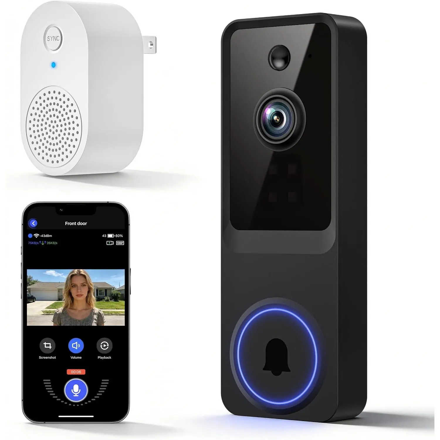 1080P Video Doorbell Camera Wireless, Security Camera with Battery Powered | AI Human Detection, 2-Way Audio, Night Vision for Outdoor Indoor Surveillance, Instant Motion Alert, 2.4GHz WiFi Only