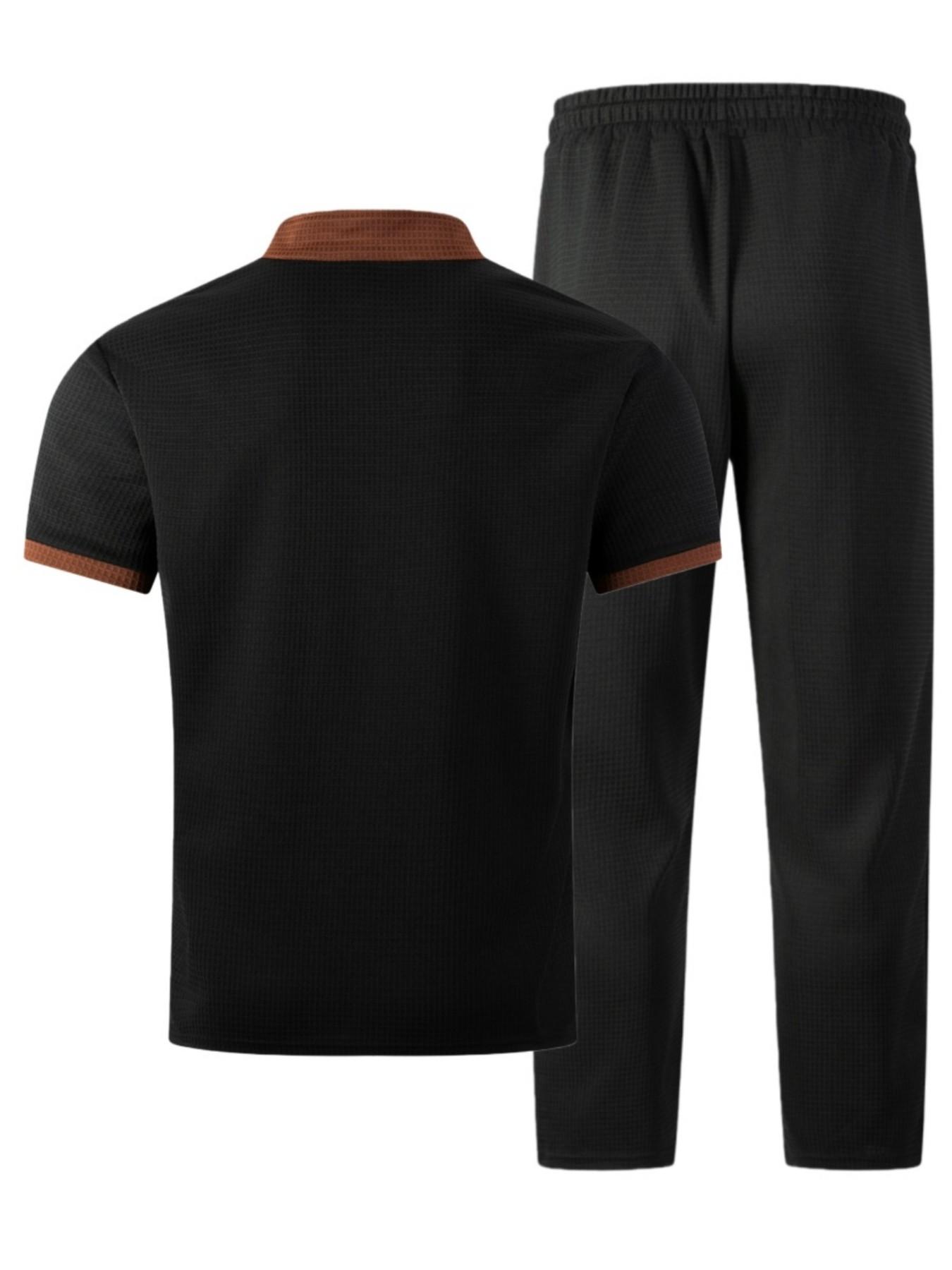 Men's 2-Piece Set, Summer Contrast Half-Zip Stand Collar Suit, Waffle Texture Short Sleeve Drawstring Long Pants, Casual Sportswear, Casual Sportswear Outfit