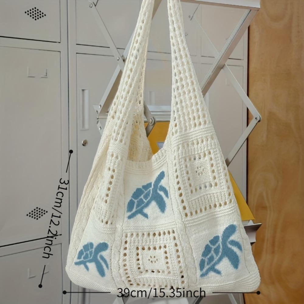 Cute Crochet Blue Bag for Women, Large Capacity Open Knit Shoulder Handbag, Lightweight Stylish Summer Beach Tote, Versatile Casual Daily Shopping & Market Storage Handbag