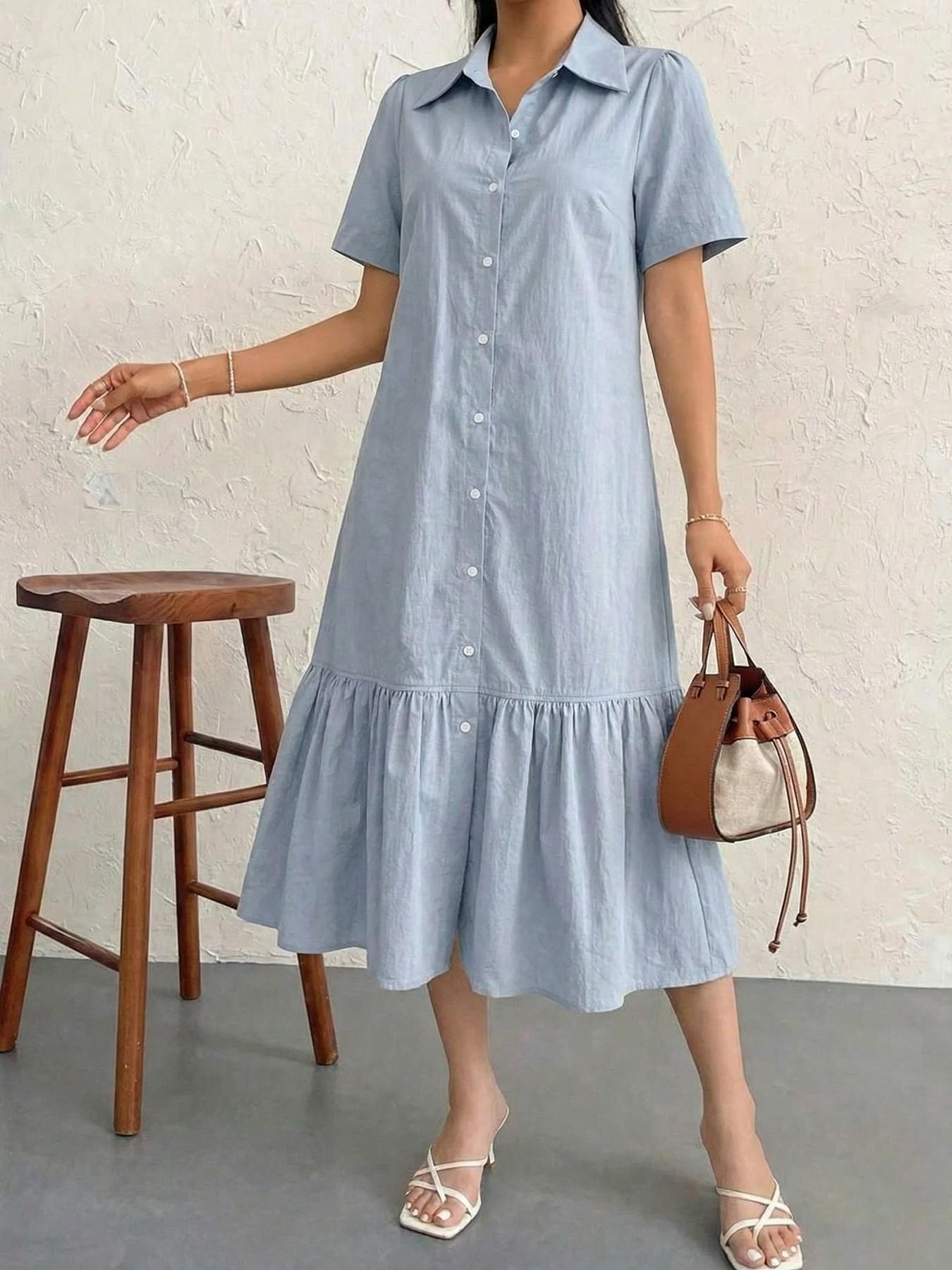 Women's Light Color Short Sleeve Shirt Dress, Single Button Ruffle Split Design, Elegant Summer School Dress, Perfect for Students and Meetings