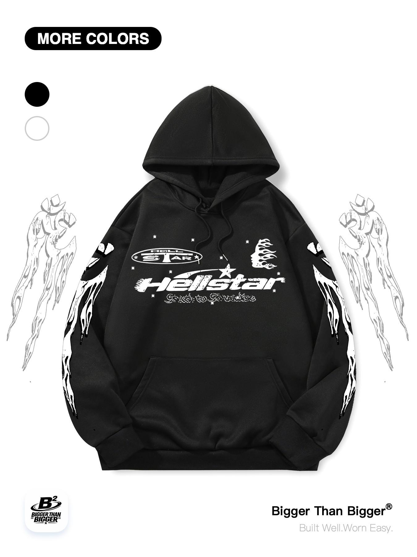 Hell Star Pattern Streetwear Loose Zip Hoodie, Unisex Casual Long Sleeve Sweatshirt, Sporty Warm Fit, Fall & Winter Fashion