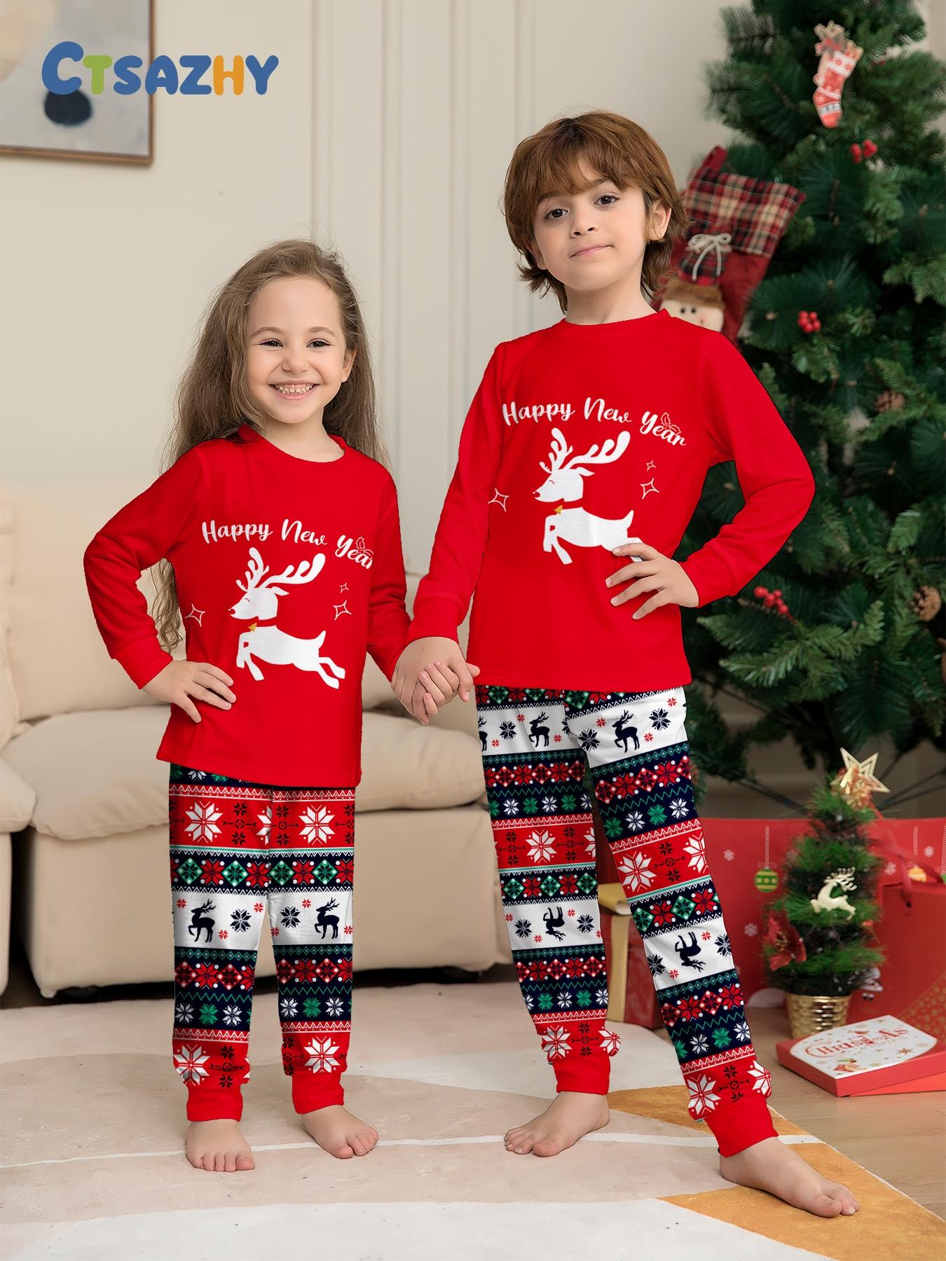 Christmas EIk Famly Matching Pajamas Set 4 Pcs Long Sleve Rd Xmas Printed Sofit Warm Loungeweas Holiday Family Sleepwear for Men Women Kids Chistmas Gif Outft