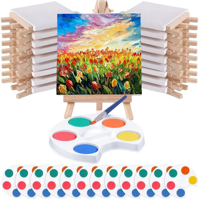 Crtiin 24 Set Mini Watercolor Paint Set Art Party Favors Gifts 4x4" Small Painting Kits Canvas with Easel Paints Brush Art Party and Watercolor Favor for School Classroom Birthday