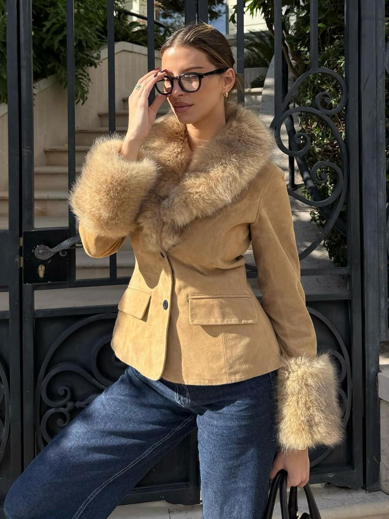 Women's Vintage Suede Jacket Coat, Faux Fur Trimmed Collar Cuffs and Button Design, Slim Fit Fall Winter Fashion Outerwear